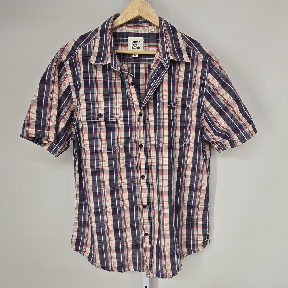 Paper Denim & Cloth Mens Large Plaid Button Up Shirt Short Sleeve Red Blue White